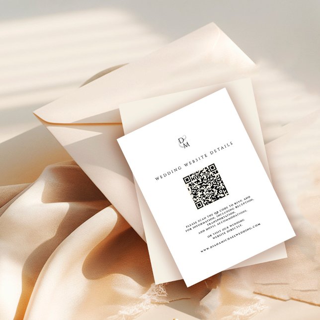 Cartão De Informações Black & White Monogram Wedding Website QR Code (Criador carregado)