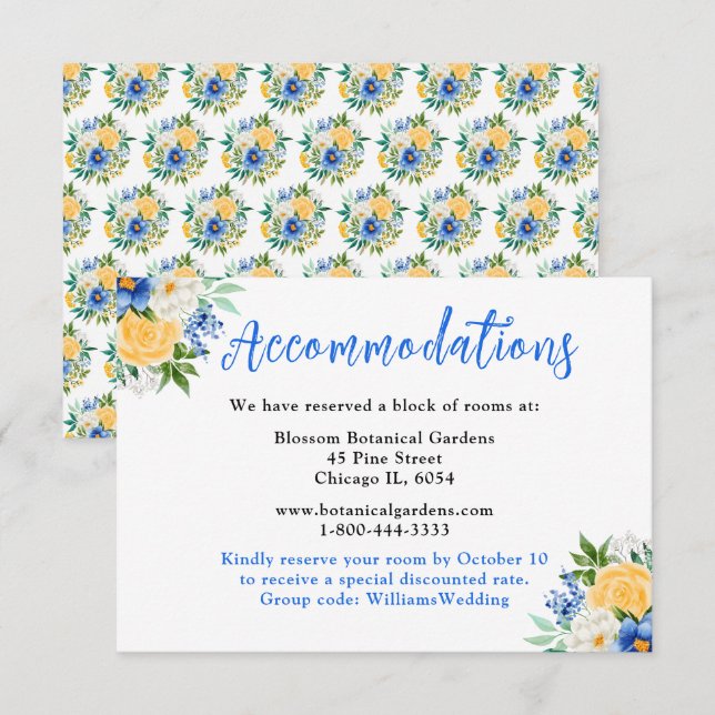 Cartão De Informações Blue and Yellow Floral Wedding Accommodations (Frente/Verso)