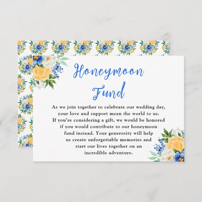 Cartão De Informações Blue and Yellow Floral Wedding Honeymoon Fund (Frente/Verso)