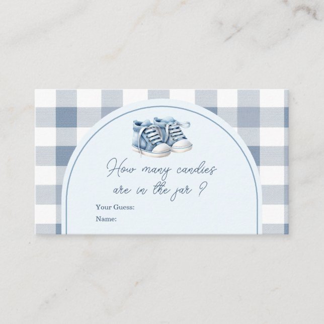 Cartão De Informações Blue Baby Shoes Gingham Booties How Many Candies (Frente)