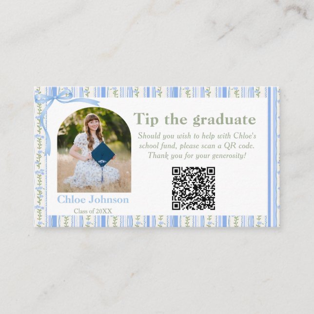 Cartão De Informações Blue Bow Floral Graduation Enclosure Card (Frente)