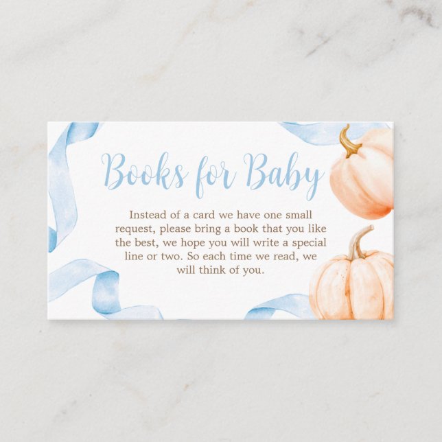 Cartão De Informações Blue Bow Pumpkin Baby Shower Books for Baby (Frente)