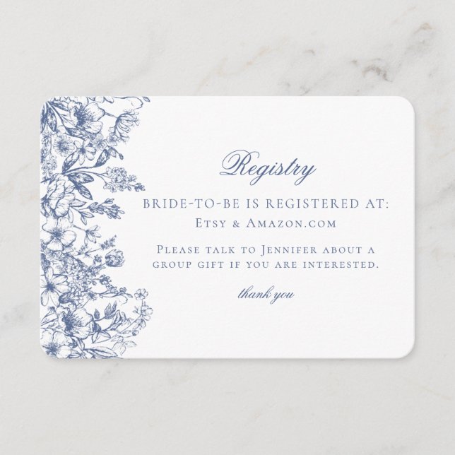 Cartão De Informações Blue Chinoiserie Floral Bridal Registry Card (Frente)