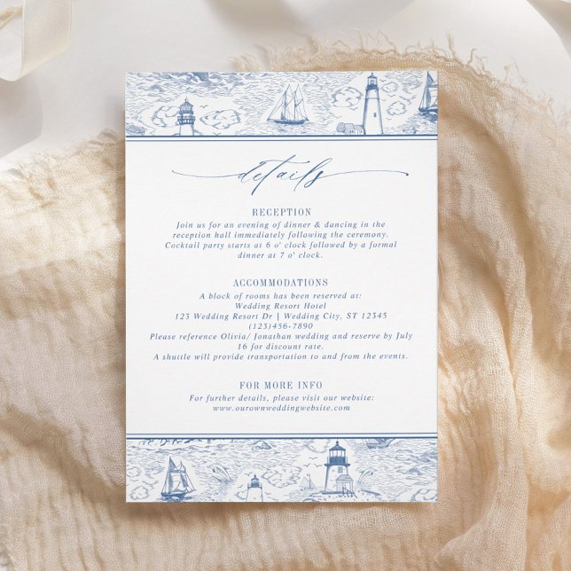 Cartão De Informações Blue Coastal Toile Wedding Details (Criador carregado)
