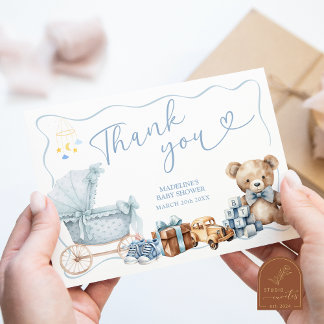 Cartão De Informações Blue Coquette Carriage Baby Shower Thank You Card