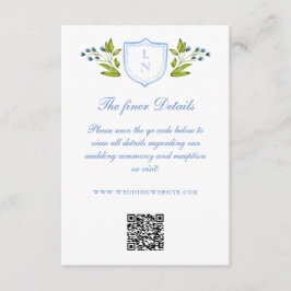 Cartão De Informações Blue Floral Crest Wedding Details QR Code