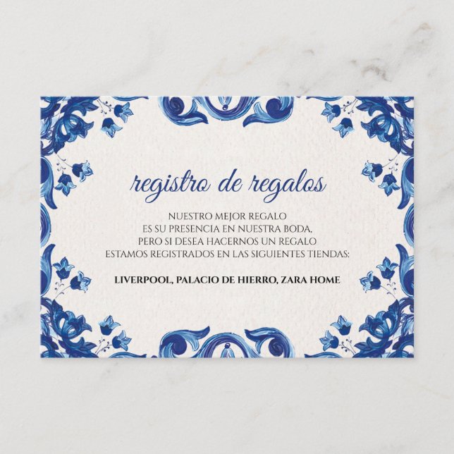 Cartão De Informações Blue Floral Elegant Fiesta Spanish Wedding (Frente)