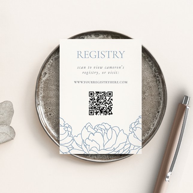 Cartão De Informações Blue Floral Peony Chá de panela Registry QR (Criador carregado)
