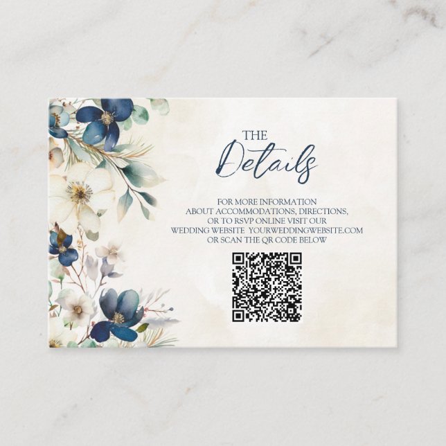 Cartão De Informações Blue Floral Winter Wedding QR code Details Insert (Frente)