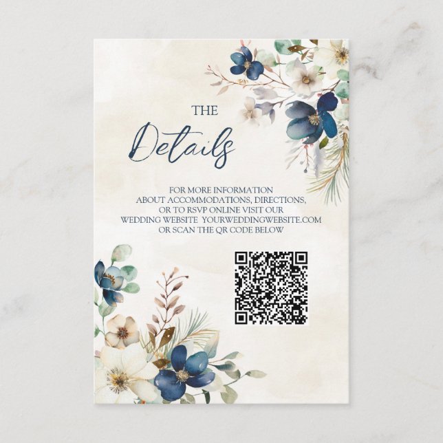 Cartão De Informações Blue Floral Winter Wedding QR code Details Insert (Frente)