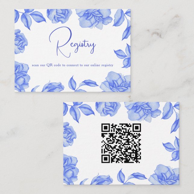Cartão De Informações Blue Flowers - QR Code Bridal Shower Registry  (Frente/Verso)