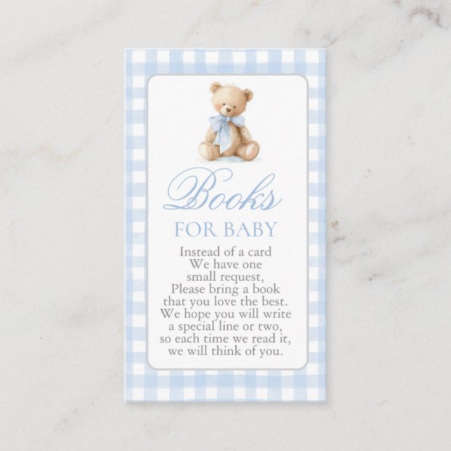 Cartão De Informações Blue Gingham Bear Baby Shower Boy Books for Baby (Frente)