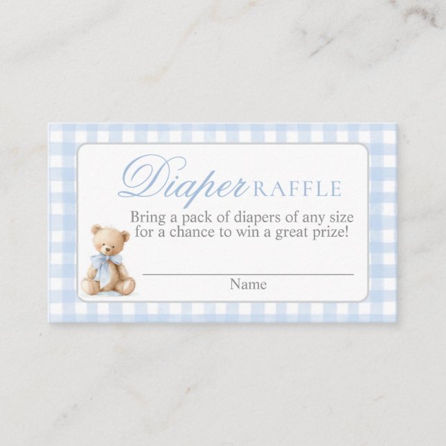 Cartão De Informações Blue Gingham Bear Baby shower Diaper Raffle Card (Frente)