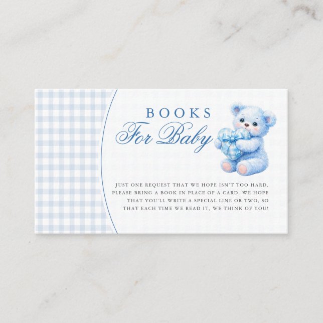Cartão De Informações Blue Gingham Teddy Bear Neutral Baby Shower (Frente)