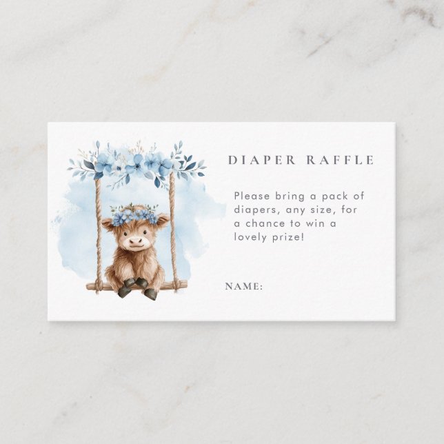Cartão De Informações Blue Highland Cow Diaper Raffle Baby Shower (Frente)
