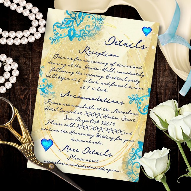 Cartão De Informações Blue Lace Heart Baroque Gold Mexican Wedding (Lush gold tones meet delicate turquoise lace and watercolor heart elegance.)