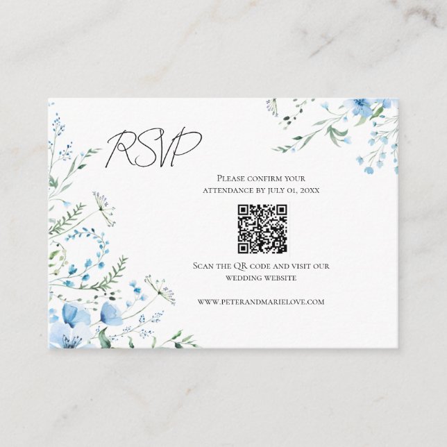 Cartão De Informações Blue Meadow RSVP with QR Code for Wedding Website (Frente)