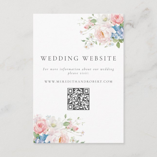 Cartão De Informações Blue & Pink Pastel Floral QR Wedding Website (Frente)