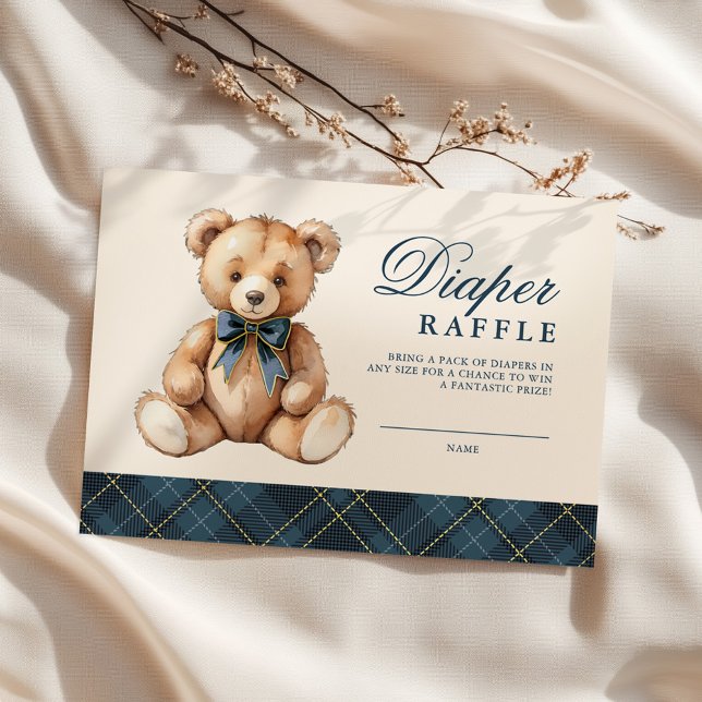 Cartão De Informações Blue Plaid Bear Baby Shower Diaper Raffle (Criador carregado)
