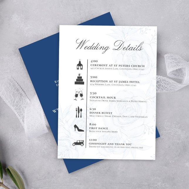 Cartão De Informações Blue QR Code Wedding Details Timeline Card (Elegant floral wedding details card with calligraphy script and clear timeline layout.)