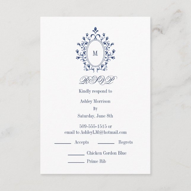 Cartão De Informações BLUE RSVP card Monogram With 2 Entree Choice (Frente)