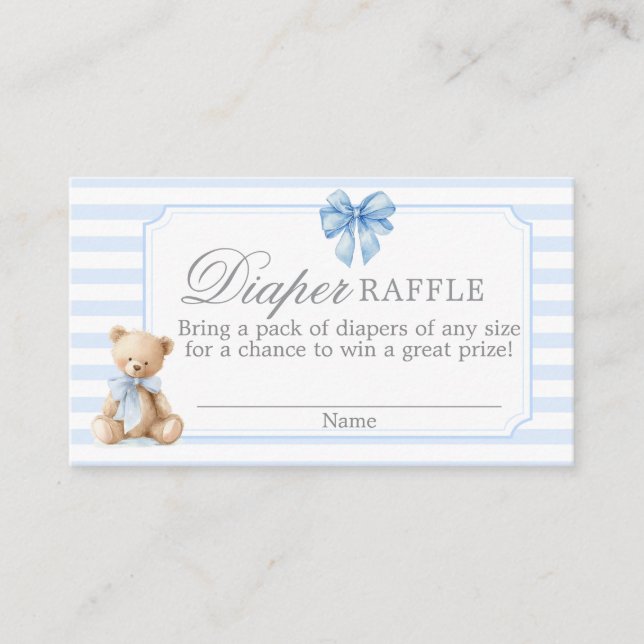 Cartão De Informações Blue Stripes Bear Baby shower Diaper Raffle Card (Frente)