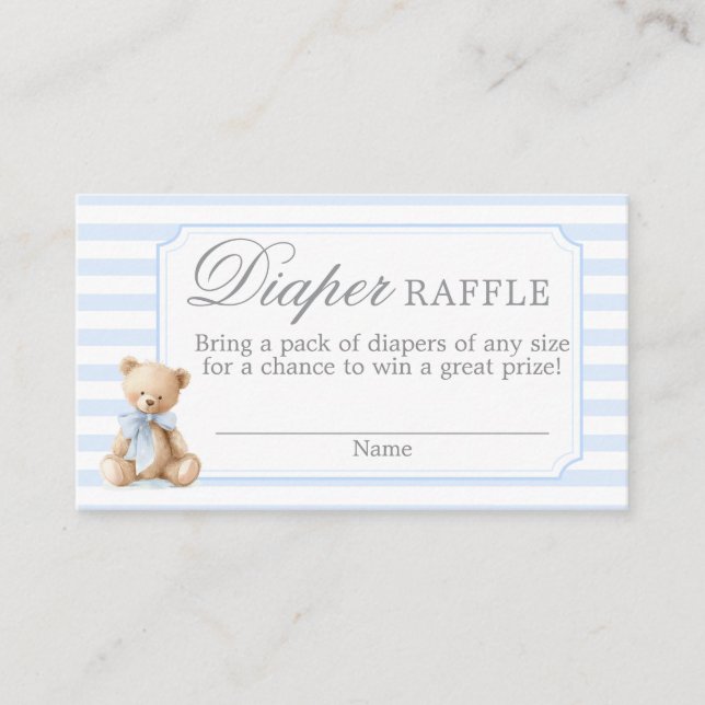 Cartão De Informações Blue Stripes Bear Baby shower Diaper Raffle Card (Frente)
