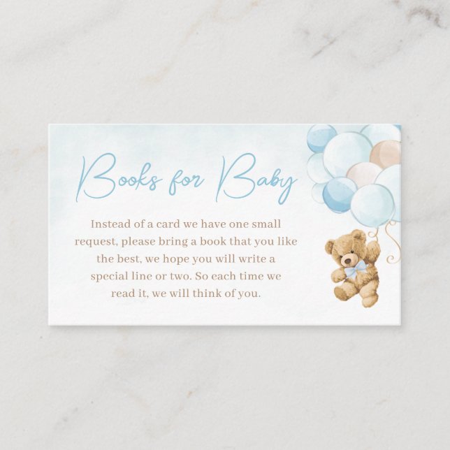 Cartão De Informações Blue Teddy Bear Balões Livros para Bebê (Frente)