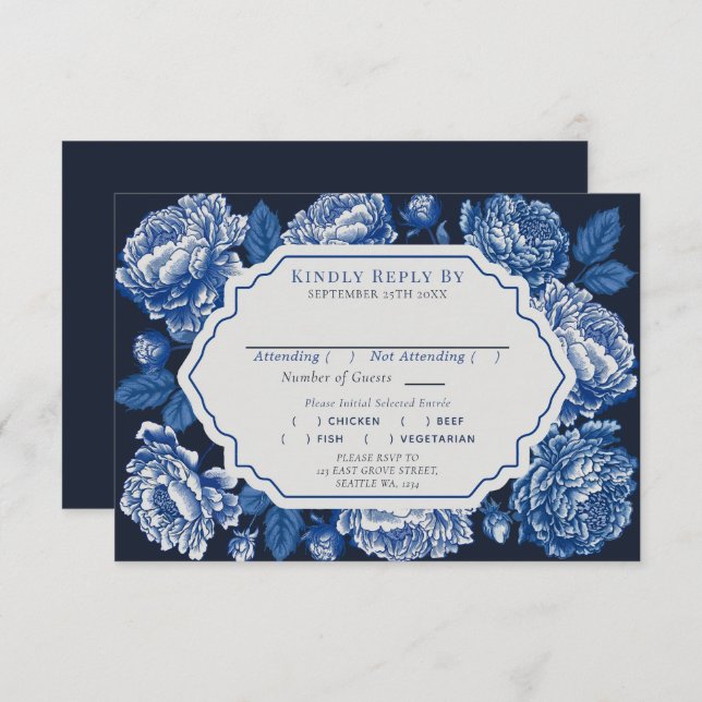 Cartão De Informações Blue Toile De Jouy Peony Casamento RSVP (Frente/Verso)