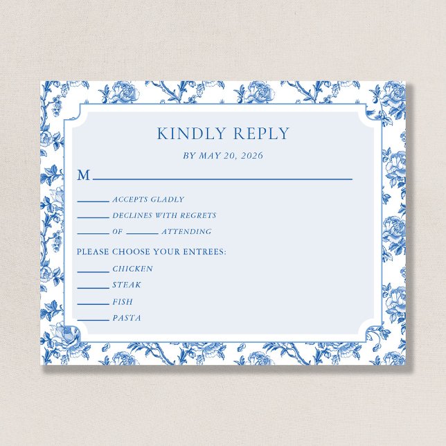 Cartão De Informações Blue Toile de Jouy Wedding Response Enclosure Card (Criador carregado)