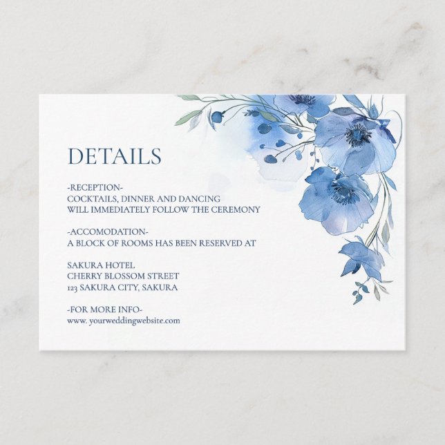 Cartão De Informações Blue Watercolor Flower Details (Frente)
