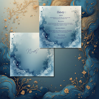 Cartão De Informações blue white Dreamy coastal marble ink wedding