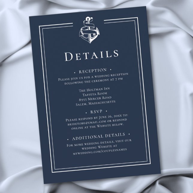 Cartão De Informações Blue White Minimal Nautical Anchor Coastal Wedding (Blue White Minimal Nautical Anchor Coastal Wedding Details Enclosure Card)