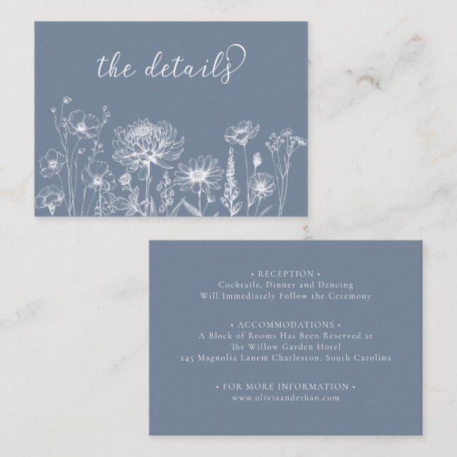 Cartão De Informações Blue Wildflower Details Card Periwinkle Wedding (Frente/Verso)