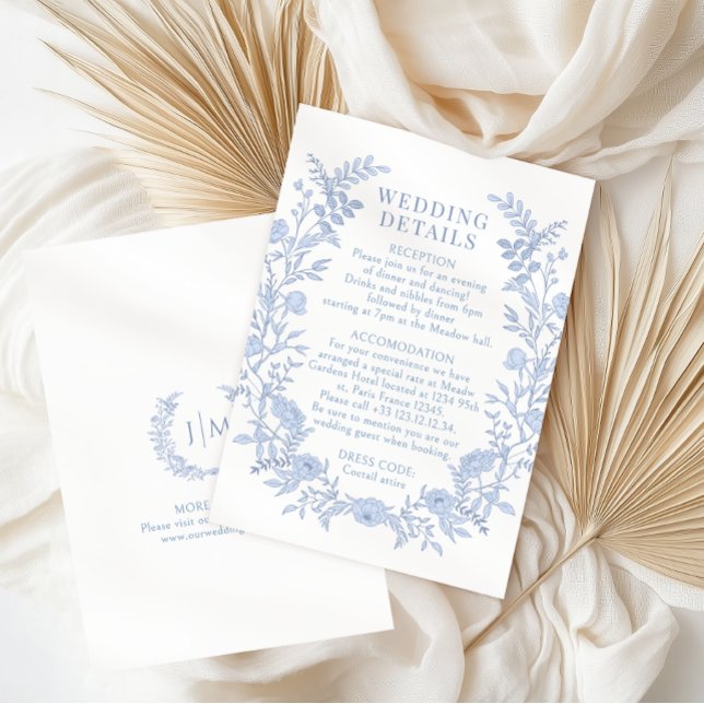 Cartão De Informações Blue Wildflower Floral Toile Wedding Details (Criador carregado)