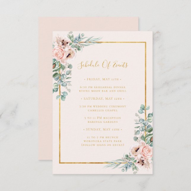 Cartão De Informações Blush Floral | Calendário de Casamento de Pastel (Frente/Verso)