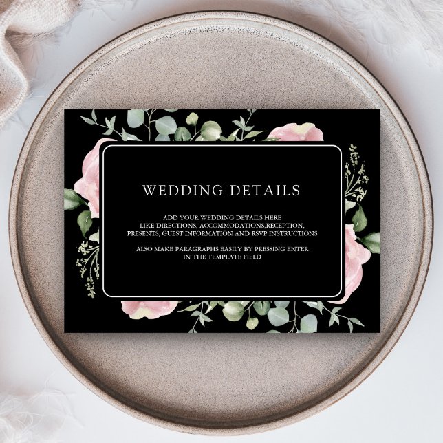 Cartão De Informações Blush Pink Floral Eucalyptus Black Wedding Details (Criador carregado)
