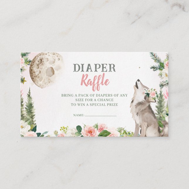 Cartão De Informações Blush Pink Floral Moon Forest Wolf Diaper Raffle (Frente)