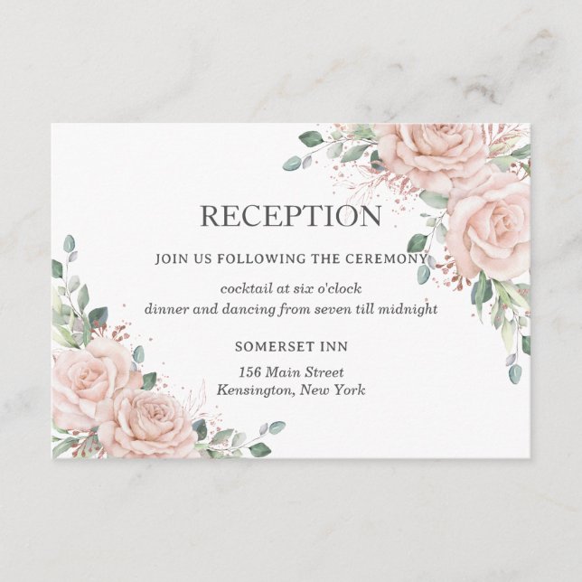 Cartão De Informações Blush Pink Floral Rose Gold Wedding Reception (Frente)
