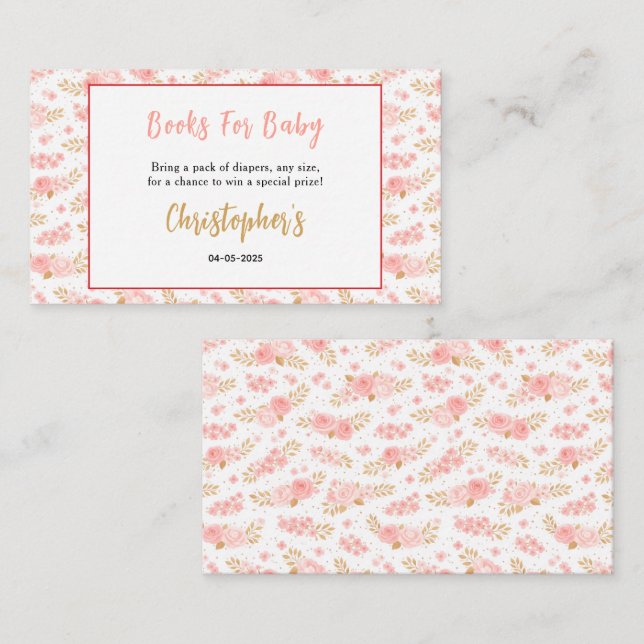 Cartão De Informações Blush Pink & Gold Floral Girl Baby Shower (Frente/Verso)