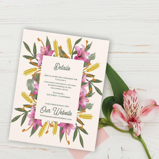 Cartão De Informações Blush Pink Lily Botanical Wedding Information (Blush Pink Lily Botanical Wedding Details Card | Romantic Watercolor Floral Information Insert Card)