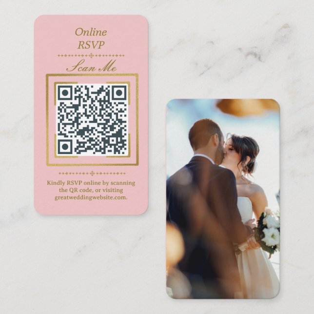 Cartão De Informações Blush Pink | Photo Online RSVP QR Code Wedding  (Frente/Verso)