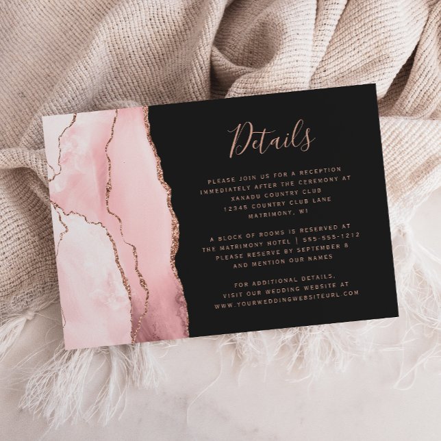Cartão De Informações Blush Pink Rose Gold Agate Dark Wedding Details (Criador carregado)