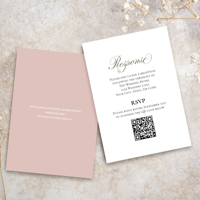 Cartão De Informações Blush Pink Script Wedding RSVP QR Code Card (Elegant blush pink wedding RSVP card with QR code for easy online guest responses.)