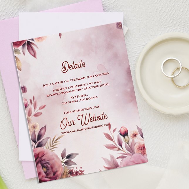 Cartão De Informações Blush Romantic Pink Floral Wedding Details (Blush Pink Floral Wedding Details Card | Romantic Garden Wedding Enclosure)