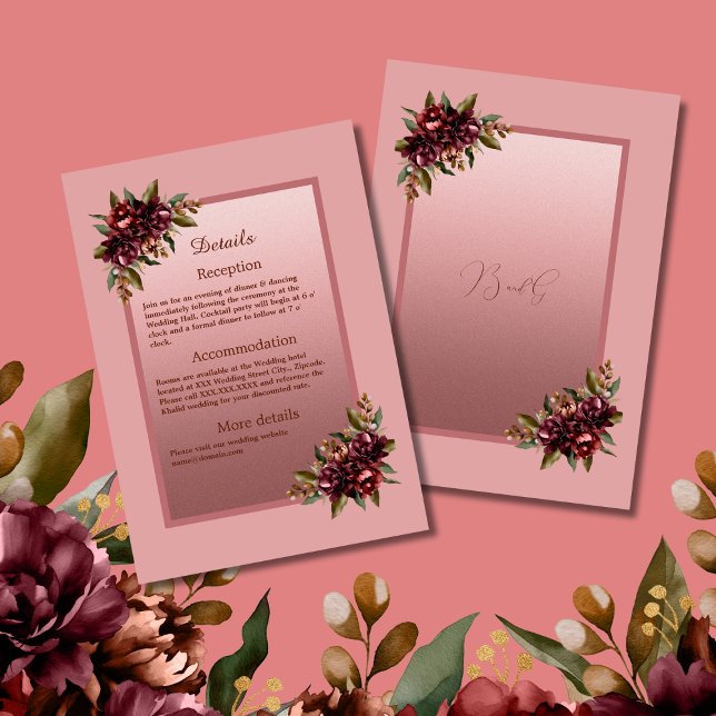 Cartão De Informações Blush Rose Gold Script - Burgundy floral wedding (Criador carregado)