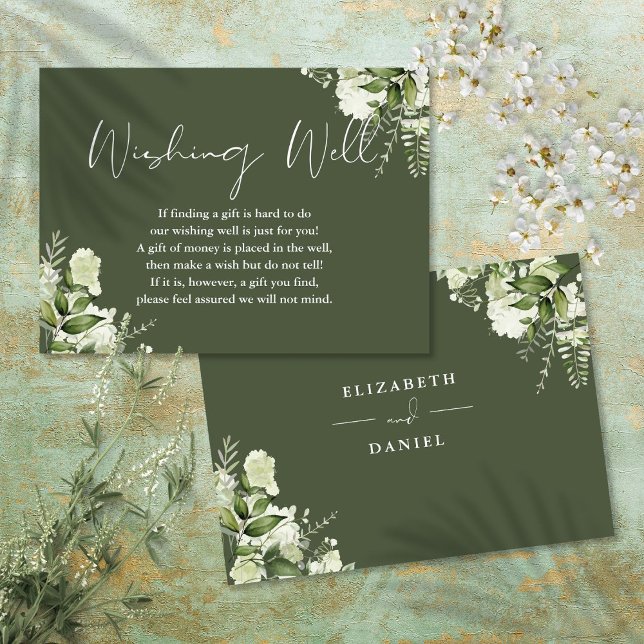 Cartão De Informações Boas Casas de Desejo Floral Verde-Olival (Olive Green Greenery Floral Wishing Well Wedding Enclosure Card)