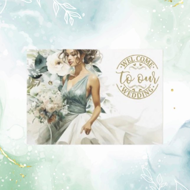 Cartão De Informações Boas-vindas Douradas Dusty Blue Eucalyptus Green (Welcome guests in style with our Wedding Gold Welcome Dusty Blue Eucalyptus Green Enclosure Card. )