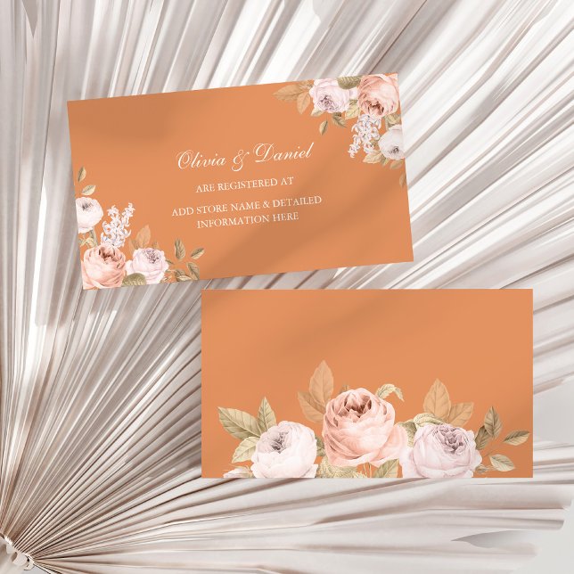 Cartão De Informações Boho Apricot Peonies Wedding Registry Card (Boho Apricot Peonies Wedding Registry Card on a sunny dry palm leaf.)