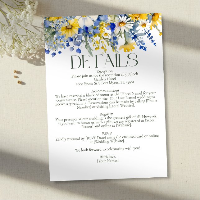 Cartão De Informações Boho Blue Sunny Yellow Wildflowers Wedding Details (Criador carregado)